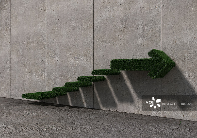 成长与进步的理念。混凝土房墙上有绿色的图形楼梯图片素材