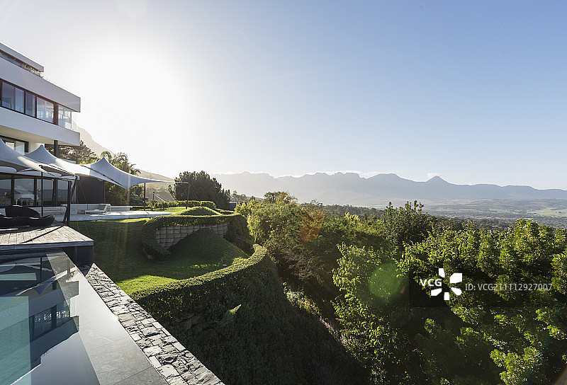 现代豪华住宅展示外观和游泳池与阳光山景图片素材