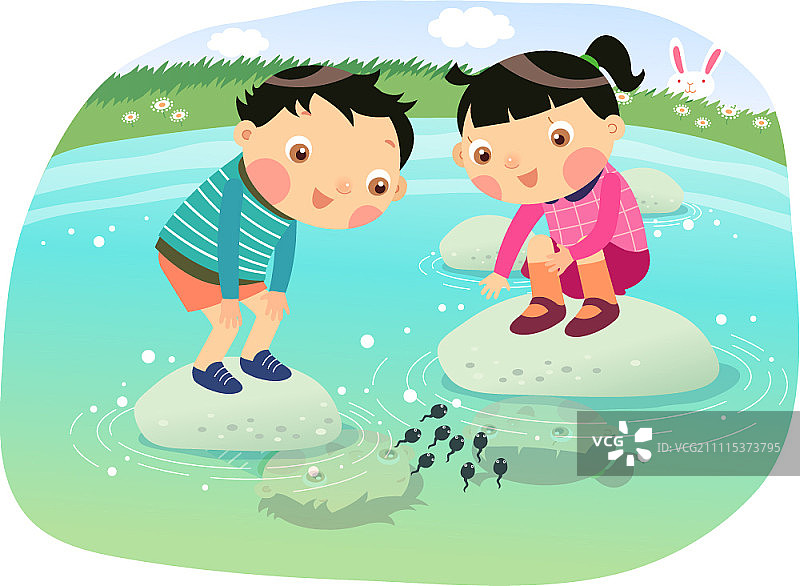 孩子们在湖里看蝌蚪图片素材