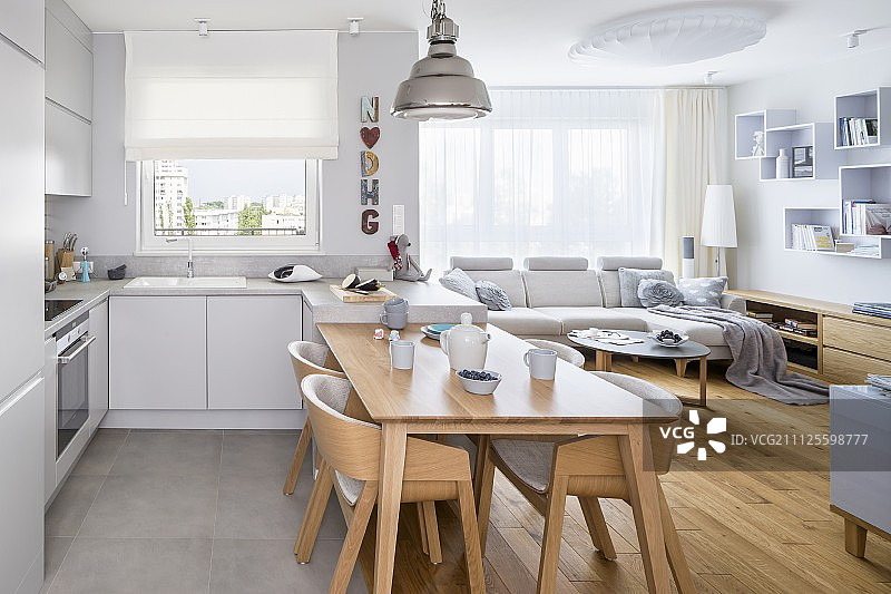 配备厨房的综合用餐区和毗邻的起居区色调为浅灰色图片素材