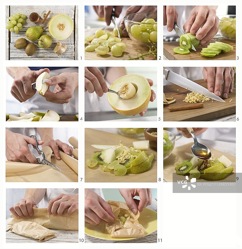 如何用猕猴桃、葡萄、梨、瓜果做绿果包图片素材