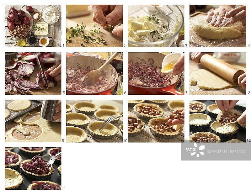 如何用百里香酥饼和葡萄酒来制作洋葱塔图片素材