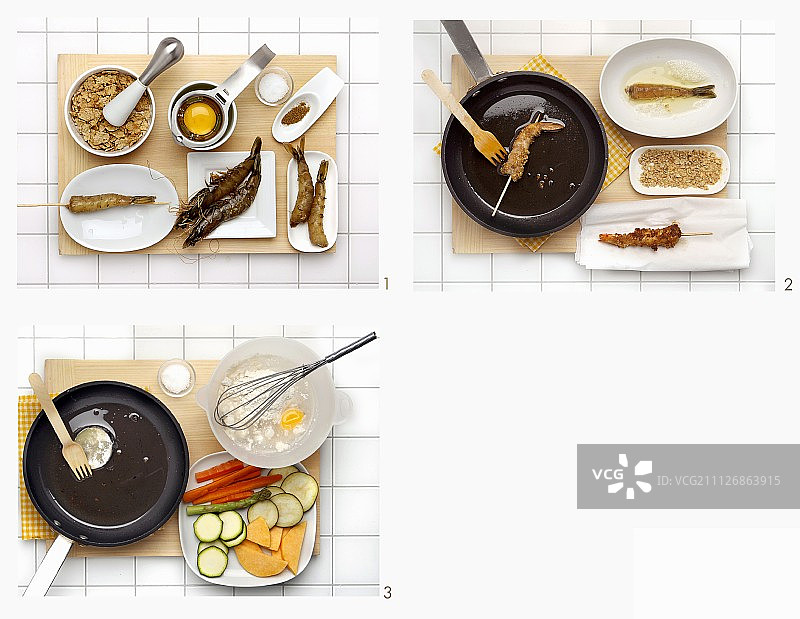 如何制作玉米片涂层和蔬菜天妇罗的虾图片素材