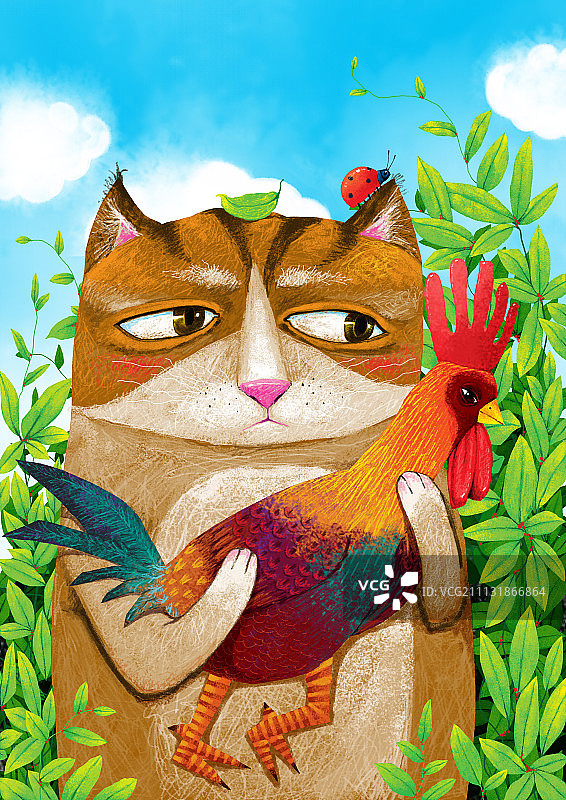 动物大世界插画系列-猫抱鸡图片素材