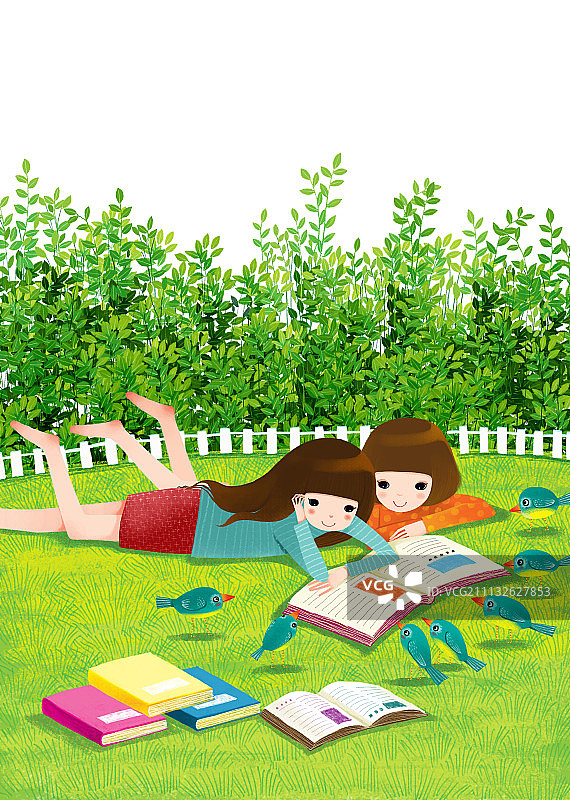 唯美童趣插画系列-趴在草坪上的女孩图片素材