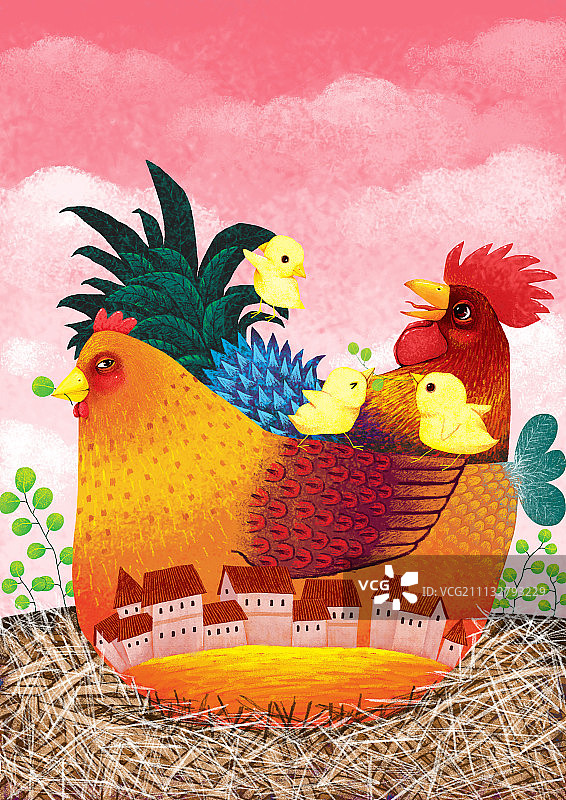 动物儿童插画系列-开心的鸡家族图片素材