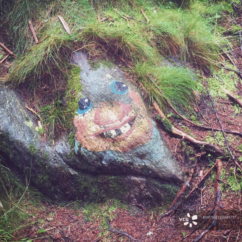 画在岩石上的笑脸和移动的绿色头发图片素材