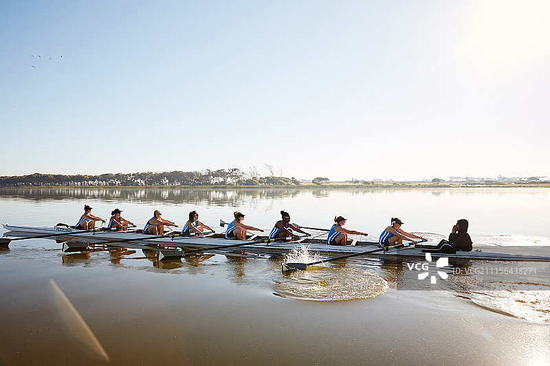 女子赛艇队在阳光明媚的湖面上划桨图片素材