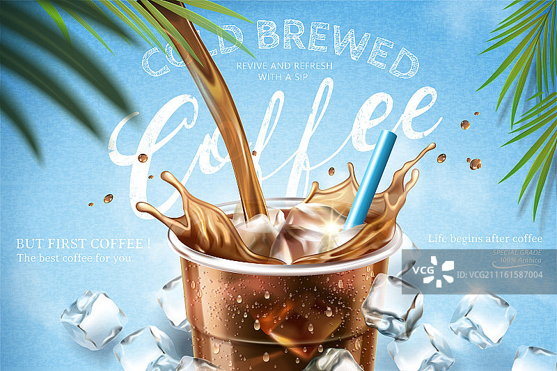 夏日冷萃咖啡广告﹐咖啡倒入外带杯中激起水花及冰块图片素材