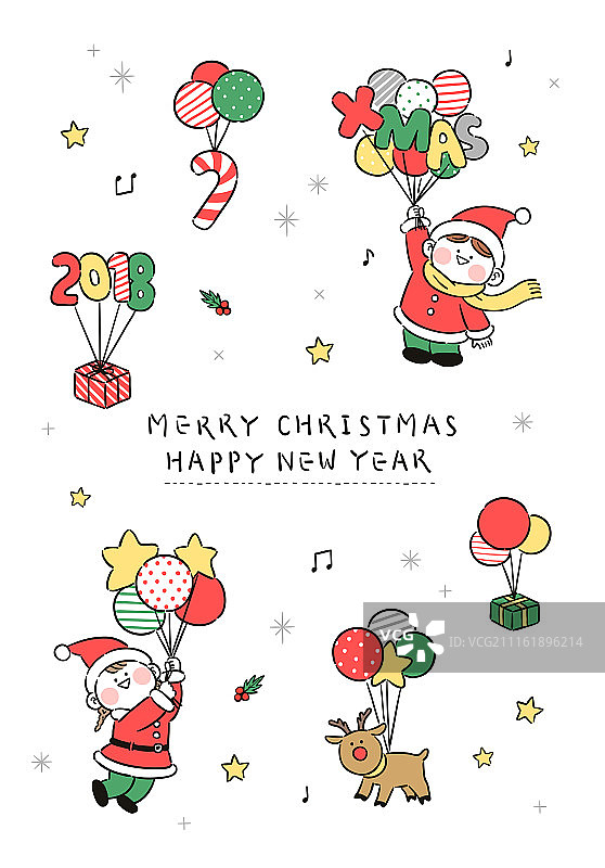 圣诞节，贺卡，圣诞卡，人物，圣诞老人(虚拟存在)，鲁道夫，礼物(文物)，气球图片素材
