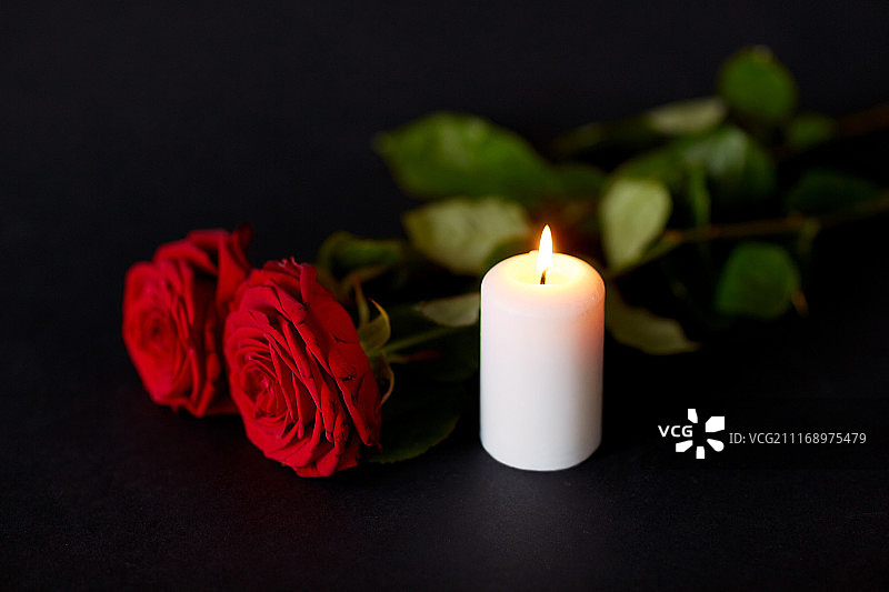 葬礼和悼念概念-红色玫瑰和燃烧的蜡烛在黑色的背景。黑色背景上的红玫瑰和燃烧的蜡烛图片素材