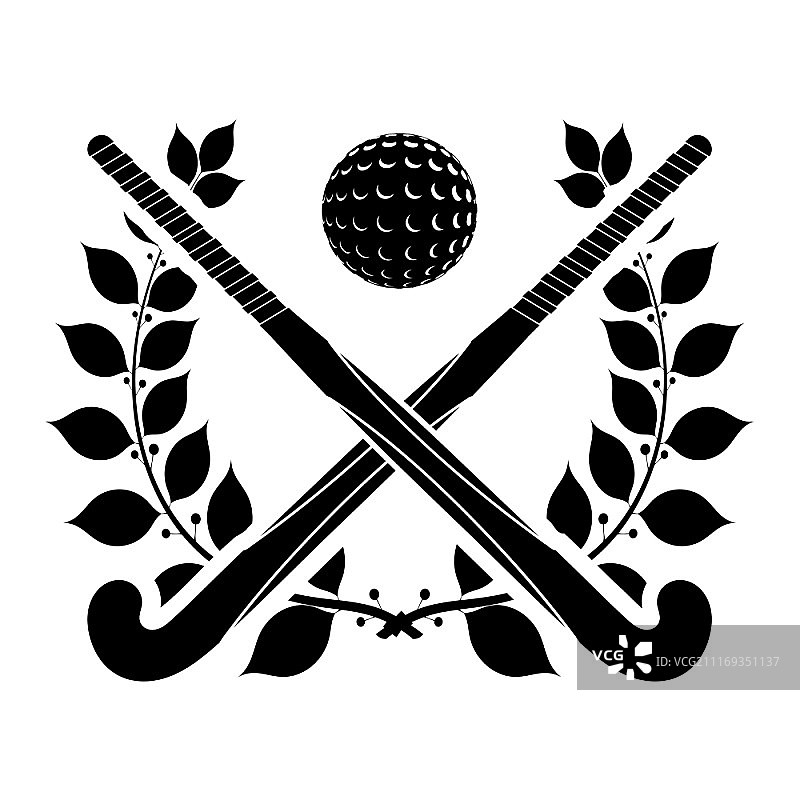 黑色剪影的两根棍子为曲棍球和球与月桂花环。矢量插图。图片素材