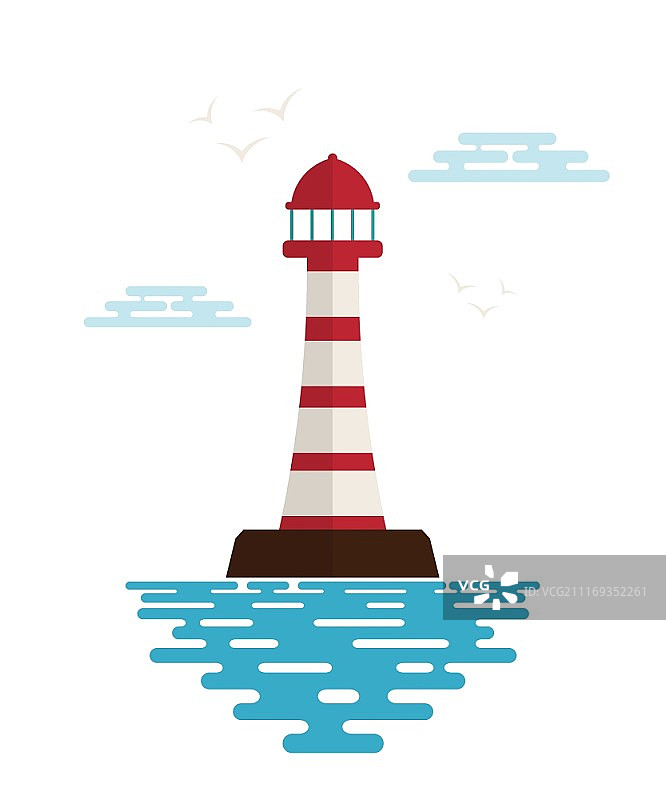 灯塔与波浪，云彩和鸟类在一个白色的背景。图标的灯塔。灯塔与海浪的插图-海洋俱乐部或社区的标志。股票向量图片素材