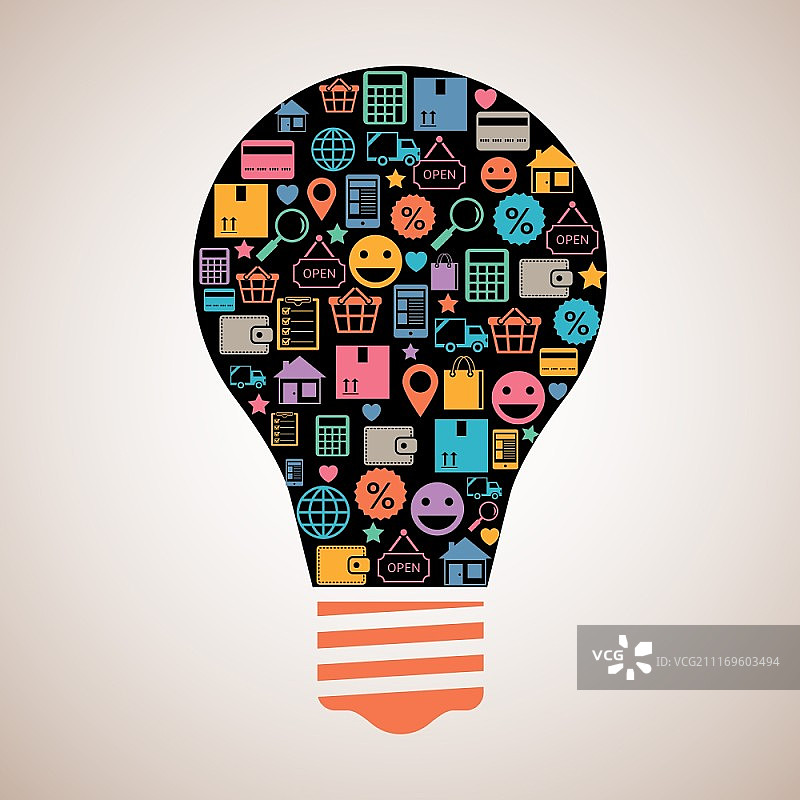 网上购物创意灯泡徽章在平面风格矢量插图图片素材