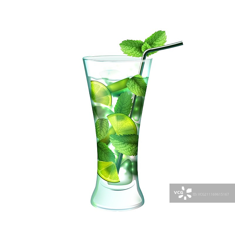 莫吉托现实鸡尾酒在玻璃与酸橙薄荷和饮用吸管隔离在白色背景矢量插图图片素材