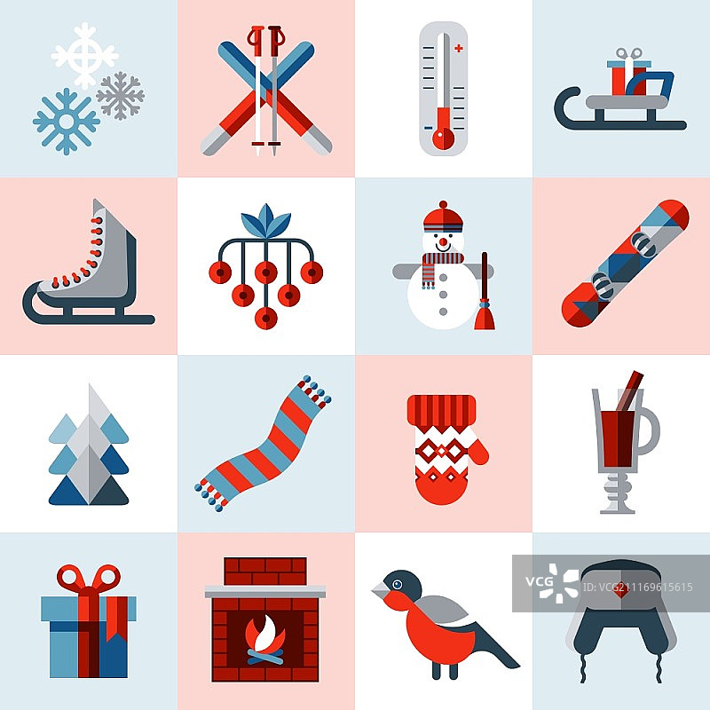 冬季图标设置雪人，圣诞树，滑雪板杯孤立矢量插图图片素材