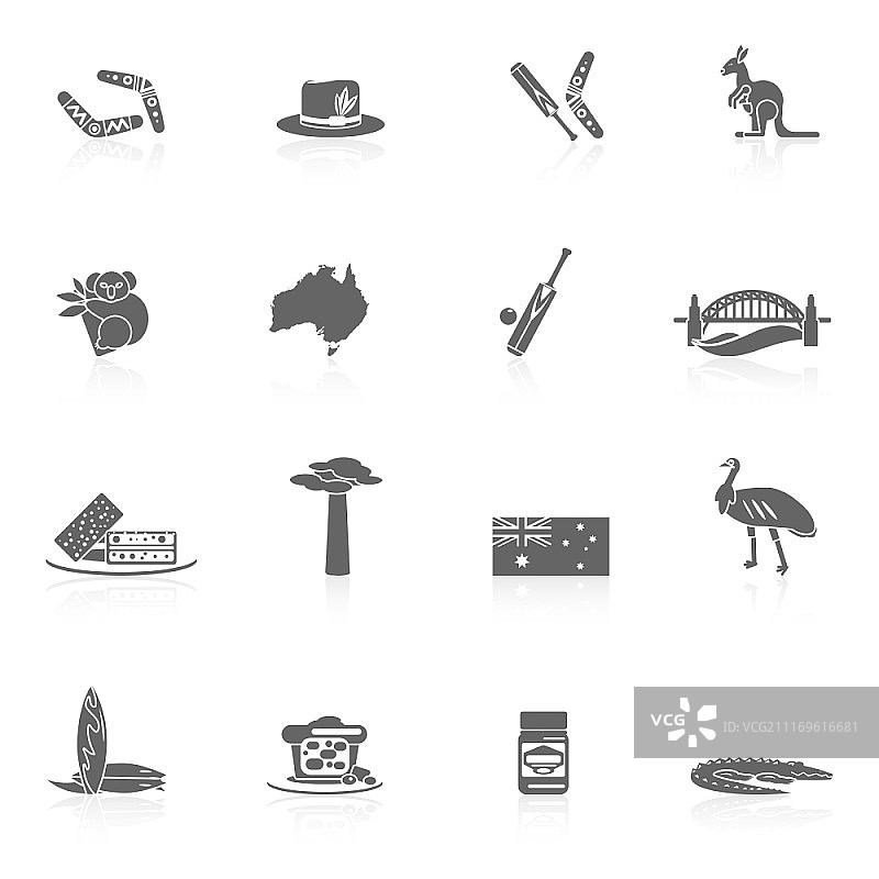 澳大利亚旅游图标黑色设置与悉尼歌剧院回旋镖袋鼠孤立矢量插图图片素材