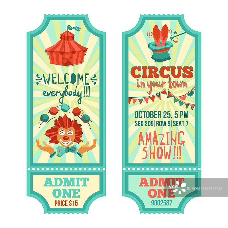 马戏团表演广告纸票与小丑和帐篷孤立矢量插图。马戏团的票组图片素材