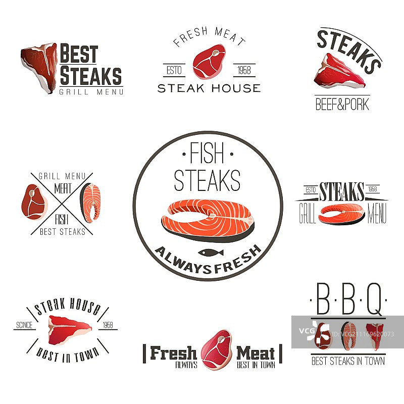 最佳质量的新鲜肉类鱼牛排烧烤和烧烤牛排馆标签收集抽象的载体孤立的插图。牛排馆标签集图片素材