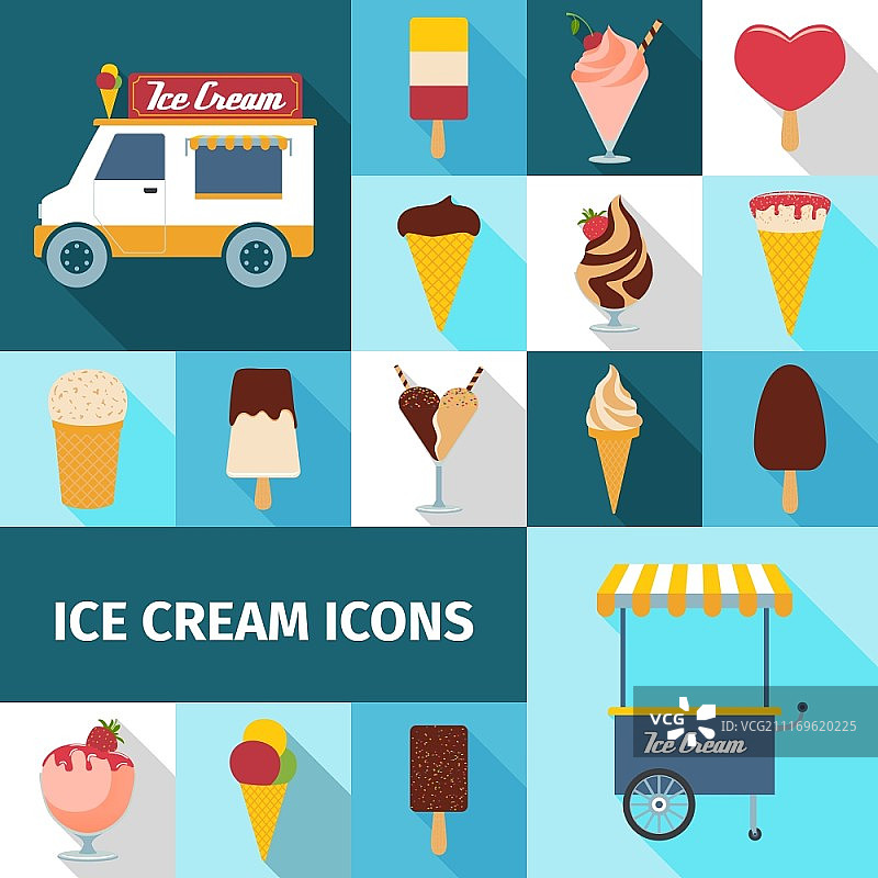 冰淇淋销售华夫饼巧克力和水果方形图标设置平面阴影孤立矢量插图。冰淇淋方形图标集图片素材