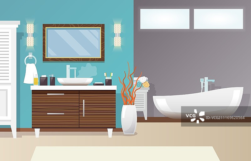 现代浴室内饰家具和卫生配件平面矢量插图。现代浴室内部图片素材