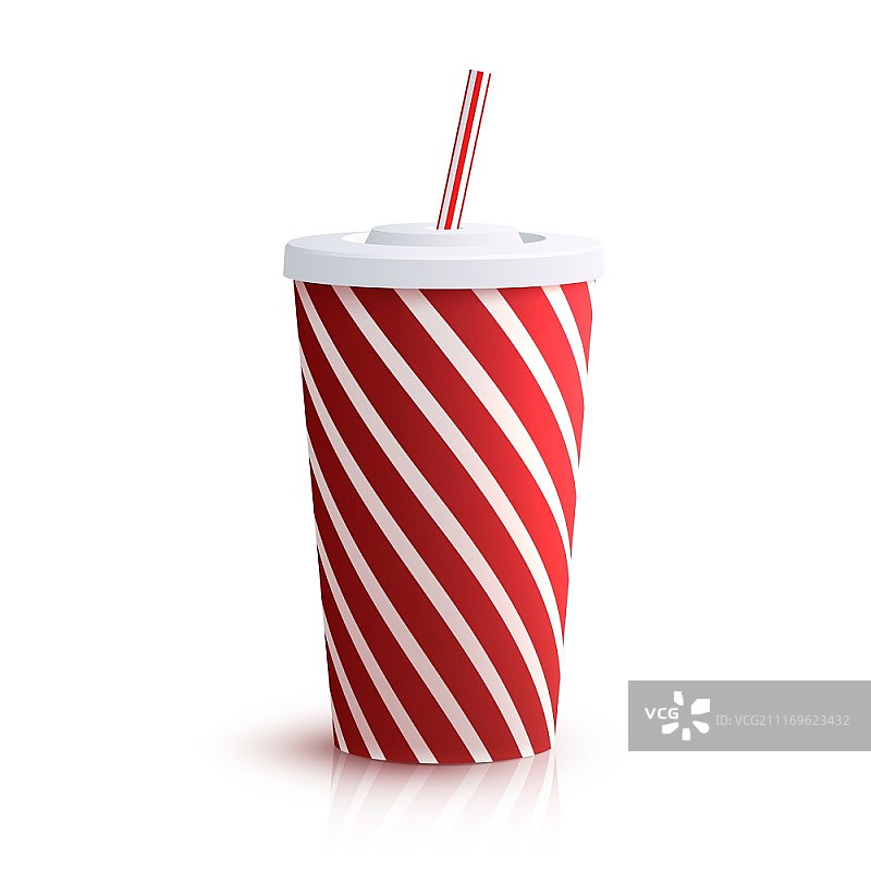 红色条纹红色条纹纸玻璃与饮水吸管隔离在白色背景矢量插图。可乐条纹玻璃图片素材
