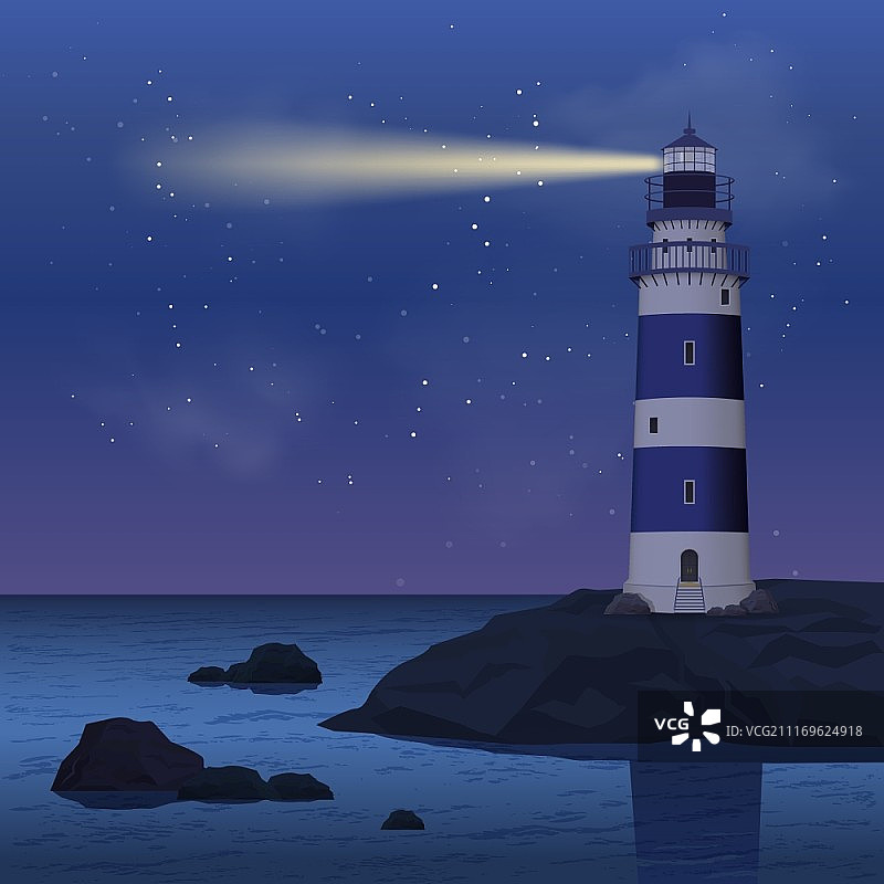 现实的灯塔在海岸岩石在夜晚矢量插图。灯塔在晚上图片素材