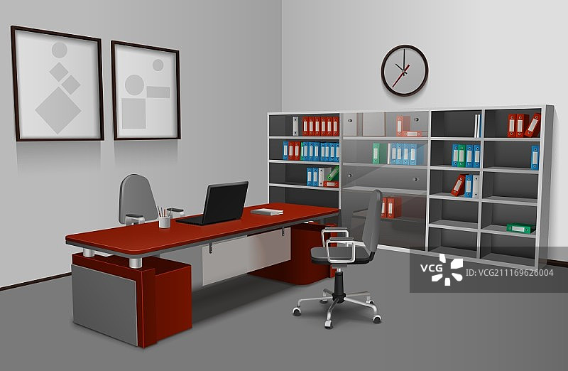 现实的办公室内。逼真的办公室室内与3d办公桌、书架和画框在墙上矢量插图图片素材