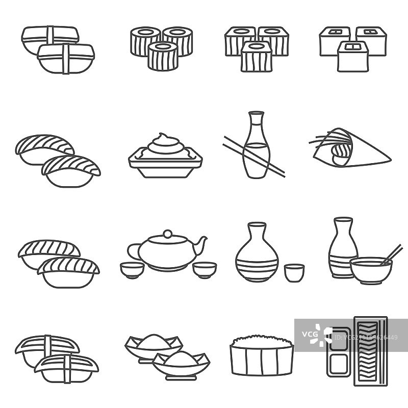 寿司和传统的日本鱼菜线图标设置孤立矢量插图。寿司线设置图片素材