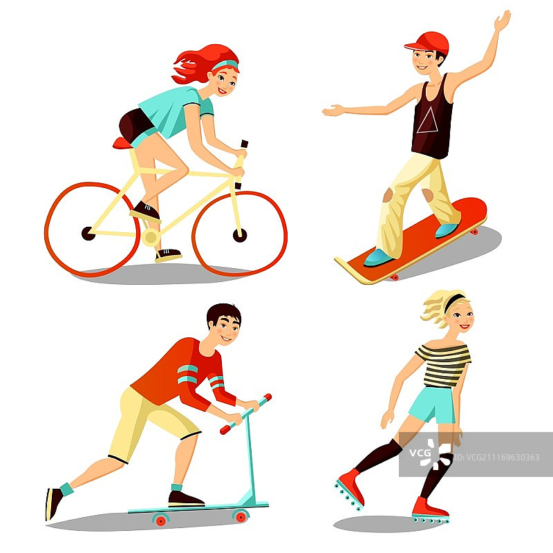 小骑手迷你组。图片人迷你组的年轻骑手包括轮滑、滑板、自行车、踏板车卡通孤立矢量插图图片素材