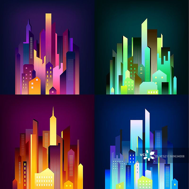 夜市照明图标海报。夜市市中心的摩天大楼和商业中心大厦在五颜六色的照明灯4图标方形海报矢量插图图片素材