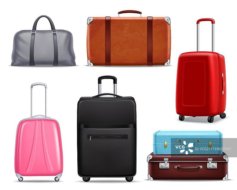 现代复古旅行行李现实设置。商务和家庭度假旅行行李与手提包行李现代和复古的项目收集逼真的矢量插图图片素材