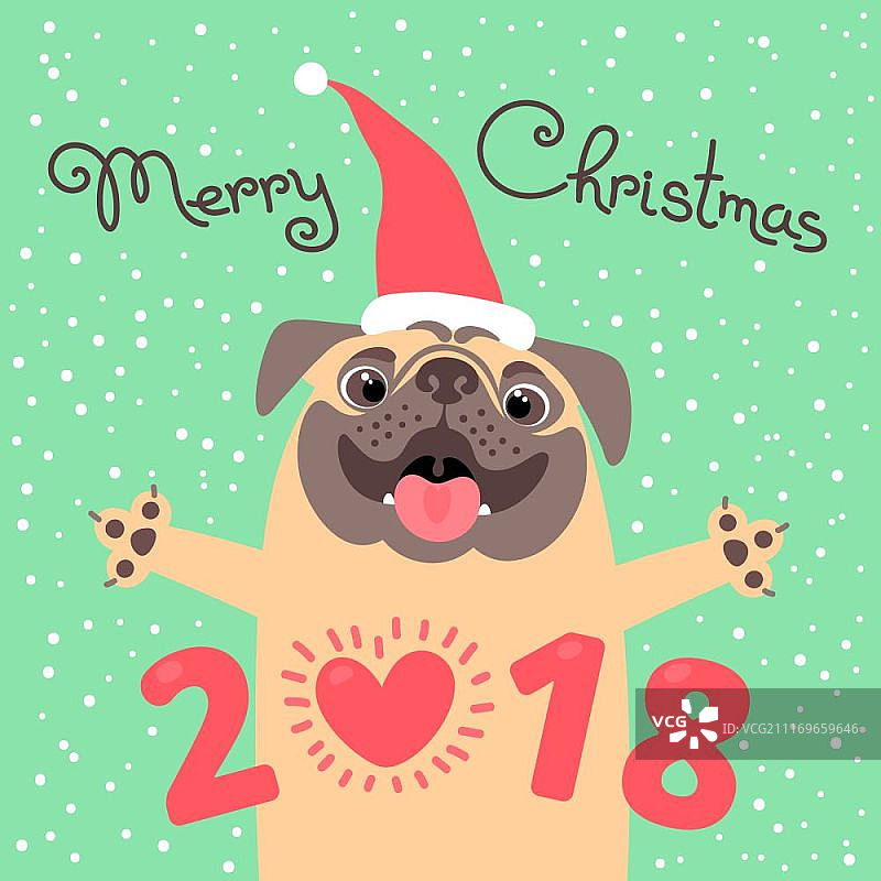 2018年有狗的圣诞贺卡。滑稽的哈巴狗恭贺节日。卡通风格的彩色明信片。2018年有狗的圣诞贺卡。滑稽的哈巴狗恭贺节日。卡通风格的彩色明信片。矢量插图。图片素材