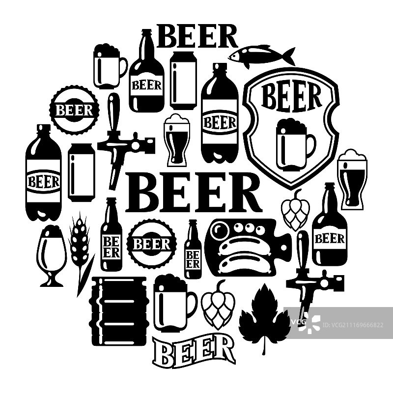啤酒图标和对象设置的设计。啤酒图标和对象设置的设计。图片素材