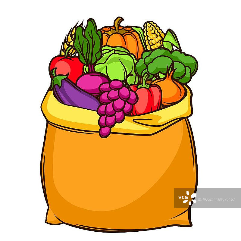 收获插图袋与时令水果和蔬菜。收获插图袋与时令水果和蔬菜。图片素材