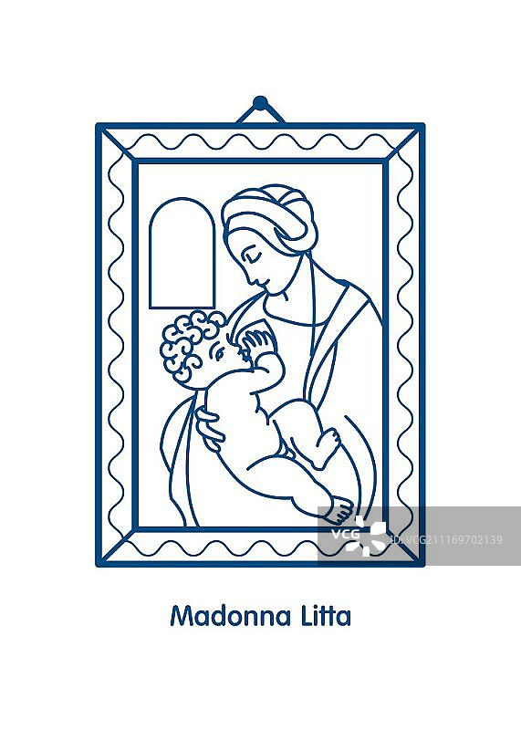 麦当娜Litta。圣母玛利亚正在给基督的孩子喂奶。列奥纳多达芬奇的矢量图标。图片素材