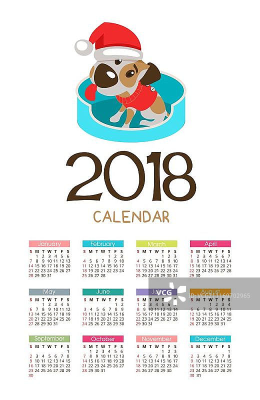 2018年的日历。狗年的象征。有趣的狗杰克罗素梗。图片素材