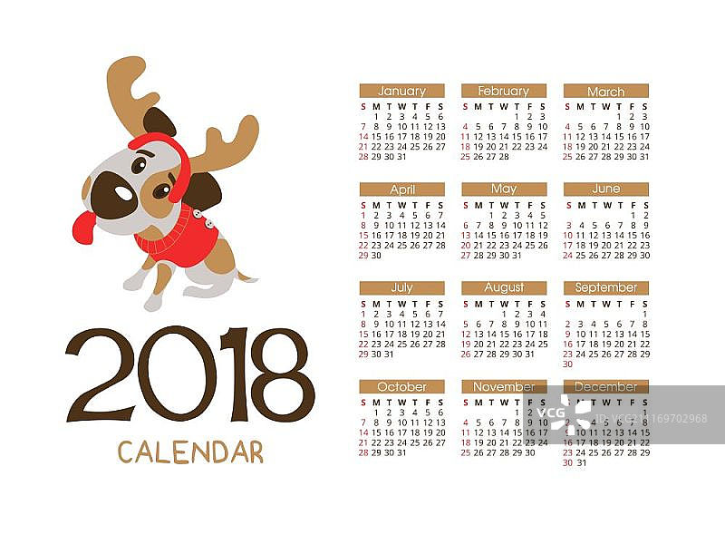 2018年的日历。狗年的象征。有趣的狗杰克罗素梗。图片素材