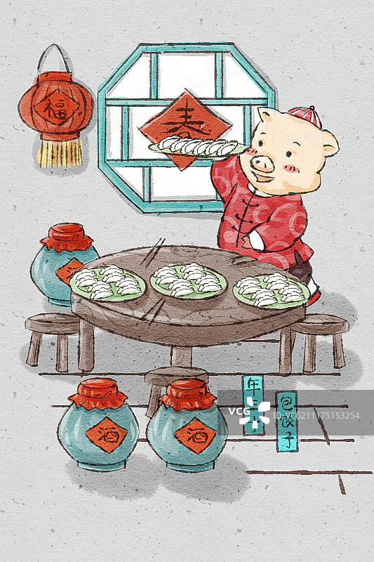 中国风猪年春节民俗系列之年三十包饺子图片素材