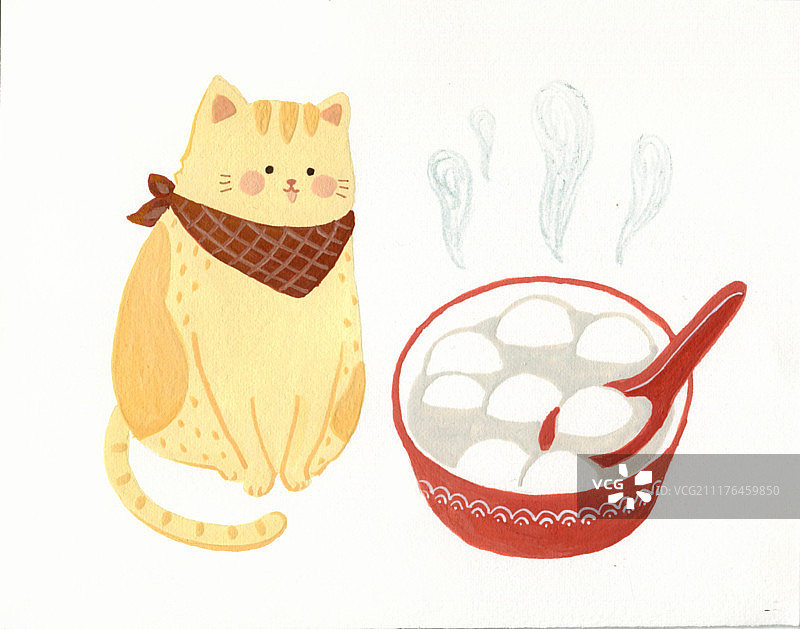 猫咪和汤圆插画图片素材