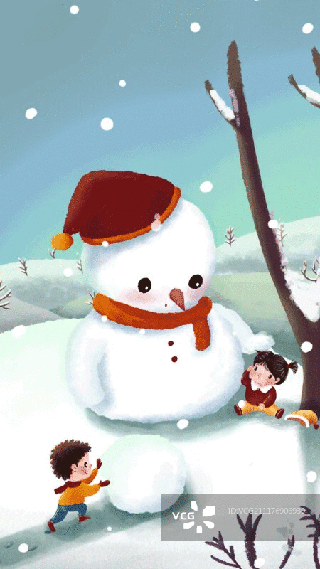 儿童插画动图滚雪球堆雪人竖构图图片素材