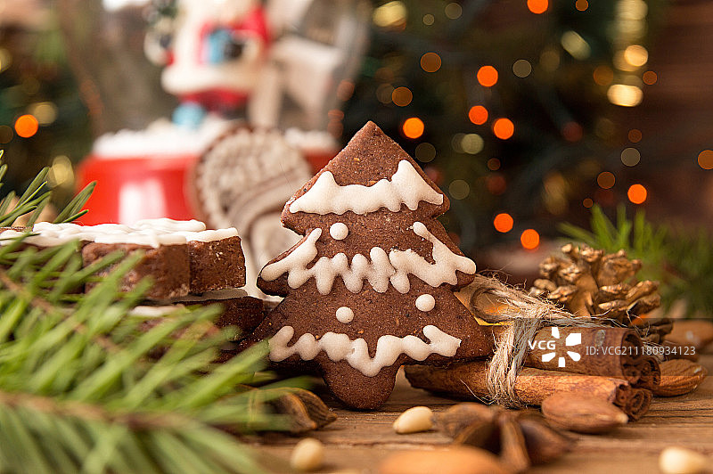 圣诞姜饼饼干的背景分支的杉木T图片素材