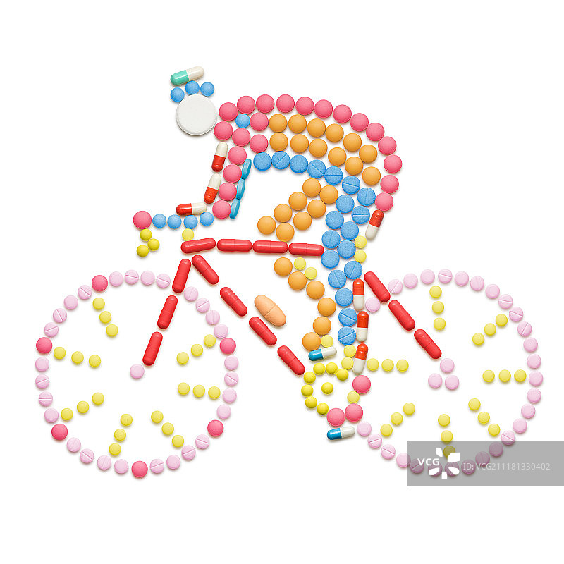 兴奋剂和药丸在公路自行车赛车的形状自行车。图片素材
