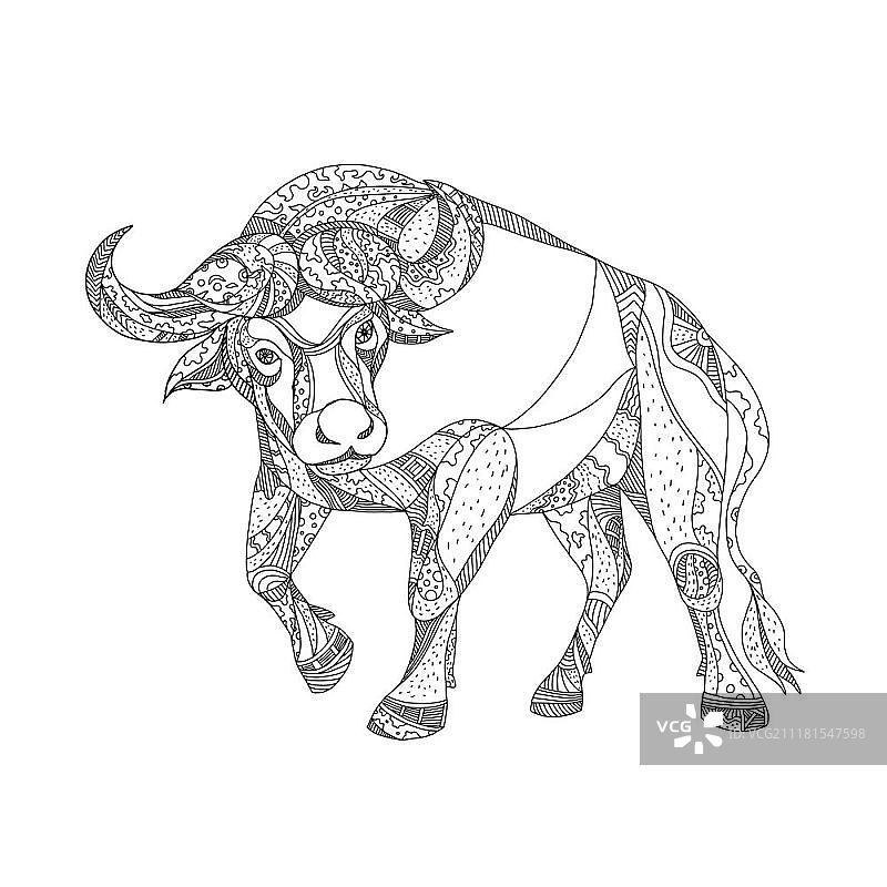 以非洲水牛、南非水牛或大非洲牛为主题的黑白插画。非洲水牛在涂鸦图片素材