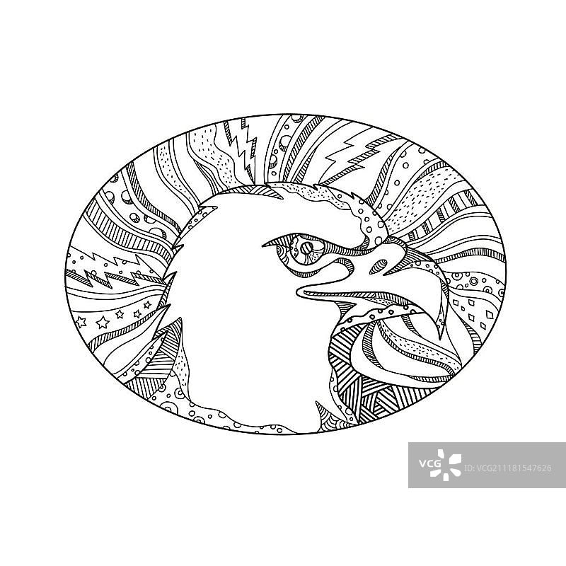 涂鸦艺术插图的秃头鹰或海鹰的头，在北美发现的猛禽侧面视图设置在椭圆形在黑色和白色做曼荼罗风格。秃鹰头涂鸦艺术图片素材