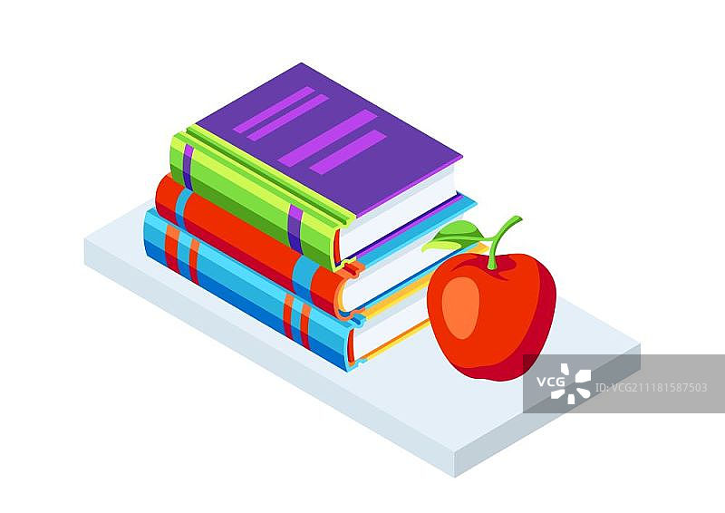 等距图标书籍与苹果..等距图标书籍与苹果。教育或书店插图在平面设计风格。图片素材