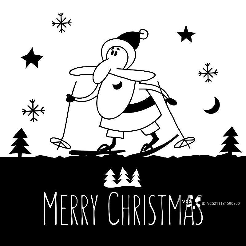 新年矢量插图。手绘。滑稽的圣诞老人在滑雪。图片素材