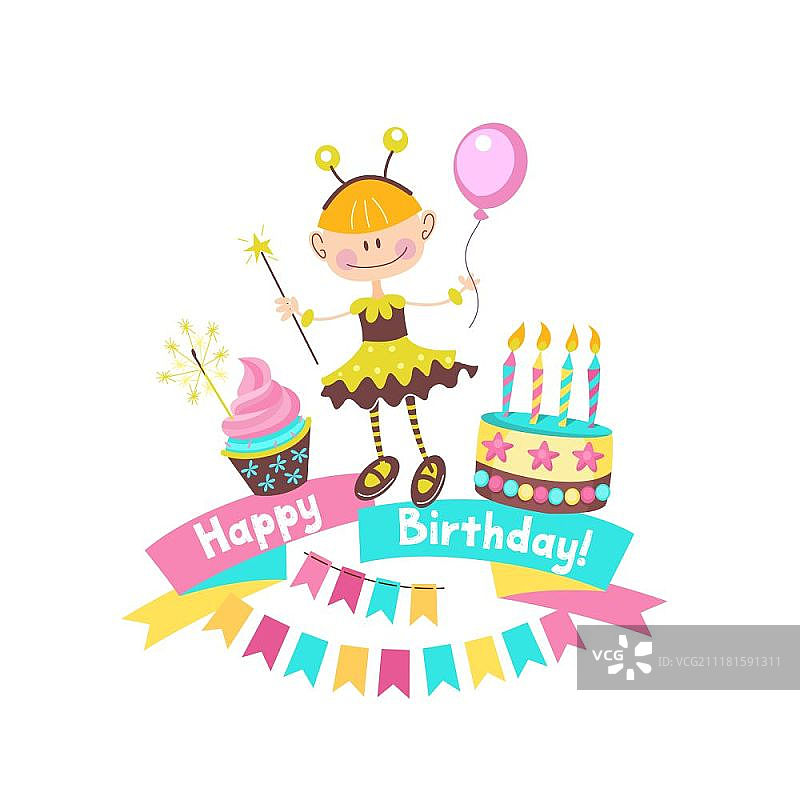 生日快乐。贺卡。蛋糕上有蜡烛，丝带，气球，横幅，礼物。穿西装的可爱女孩。向量的剪纸艺术。图片素材