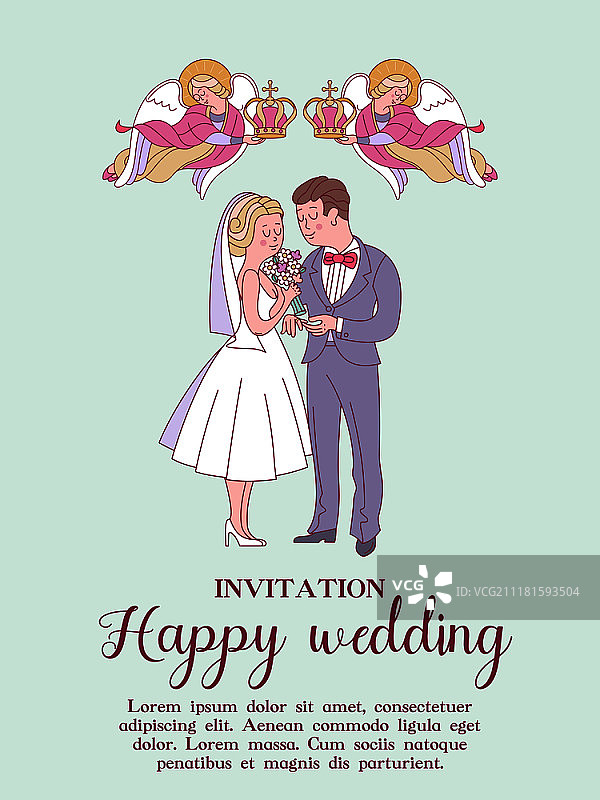 快乐的婚礼。婚礼卡片。婚礼的邀请。新娘和新郎。两个天使把婚礼的花冠举在新娘和新郎的头上。可爱的矢量图。图片素材