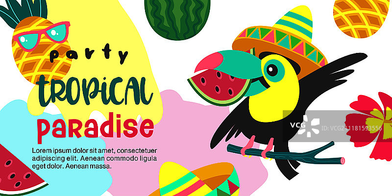 一个热带天堂派对。彩色矢量插图，邀请一个派对。热带风格的插图。一只欢快的巨嘴鸟戴着墨西哥帽子，嘴里叼着一块西瓜。热带的叶子，水果和花。图片素材